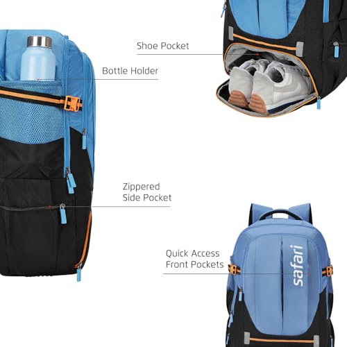 Safari Hunt 2 Rucksack Laptop Backpack Bag with Shoe Pocket, 2 Compartments, Compression Straps, Large Size Travel Bag for men & women, Boys & Girls, Outdoor Travel, Hiking, Trekking, Color Blue - Goyalsons ShopMax