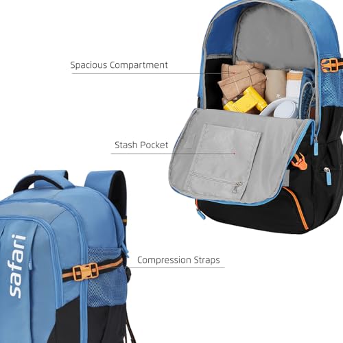 Safari Hunt 2 Rucksack Laptop Backpack Bag with Shoe Pocket, 2 Compartments, Compression Straps, Large Size Travel Bag for men & women, Boys & Girls, Outdoor Travel, Hiking, Trekking, Color Blue - Goyalsons ShopMax