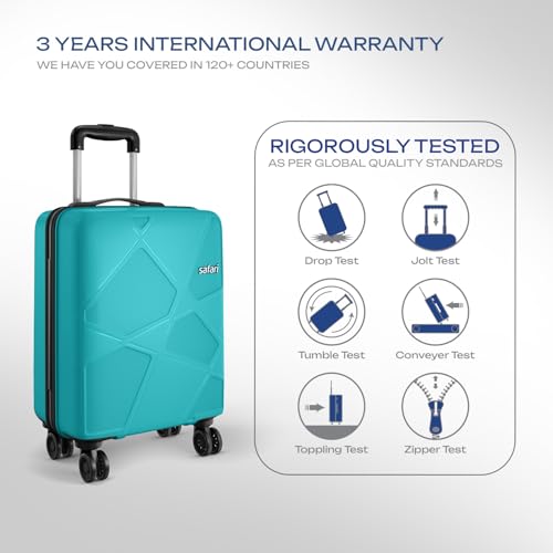 Safari Pentagon Pro 8 Wheels 55Cm Cabin Trolley Bag Hard Case Polypropylene, 360º Wheeling Carry On Luggage for Men & Women, Travel Suitcase, Cyan - Goyalsons ShopMax