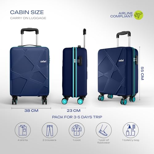 Safari Cabin Pentagon Pro 8 Wheels 55Cm Trolley Bag Hard Case Polypropylene, 360º Wheeling Carry on Luggage for Men & Women, Suitcase for Travel, Navy - Goyalsons ShopMax
