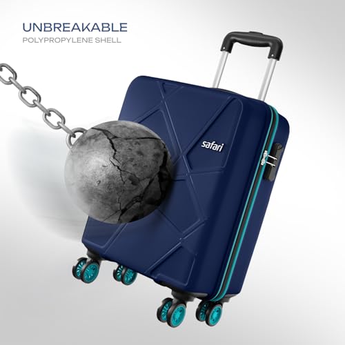 Safari Cabin Pentagon Pro 8 Wheels 55Cm Trolley Bag Hard Case Polypropylene, 360º Wheeling Carry on Luggage for Men & Women, Suitcase for Travel, Navy - Goyalsons ShopMax