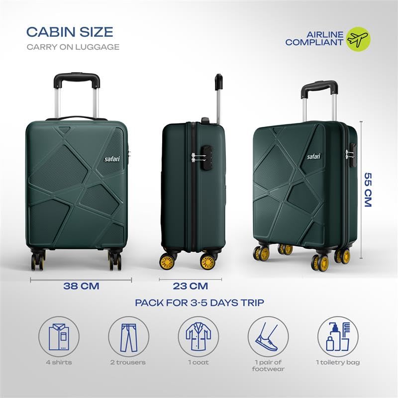 Safari Cabin Polypropylene Spinner Pentagon Pro 8 Wheels 55Cm Trolley Bag Hard Case, 360º Wheeling Carry-On Luggage for Men & Women, Travel Bag, Suitcase for Travel, Dusk Green - Goyalsons ShopMax