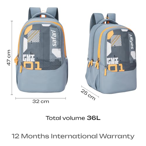 Safari Sigma 36L School bag for Boys and Girls, Office use/travel bag for man & women, Casual 3 Compartment Printed Large Men's Backpack Bags with Organizer, File holder, Color - Light Grey