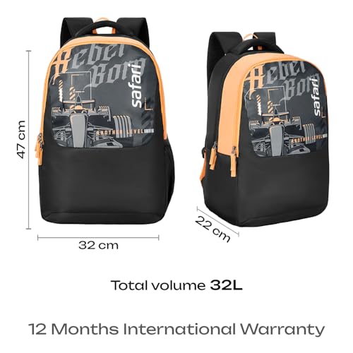 Safari Alpha 32L School bag for Boys and Girls, Office use/travel bag for man & women, Casual 2 Compartment Printed Large Men's Backpack Bags with Organizer, File holder, Color - Black
