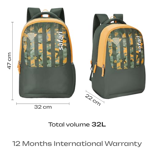 Safari Alpha 32L School bag for Boys and Girls, Office use/travel bag for man & women, Casual 2 Compartment Printed Large Men's Backpack Bags with Organizer, File holder, Color - Olive