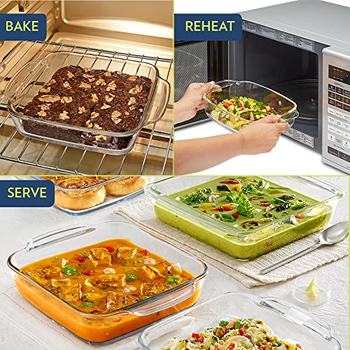 Borosil 1.6 L Baking & Serving Dish with Handle | Square Shape Bowl Container | Borosilicate Glass Bakeware and Serveware Casserole Dish Tray | Microwave, Oven & Dishwasher Safe | Transparent