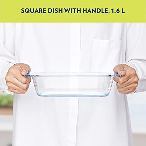 Borosil 1.6 L Baking & Serving Dish with Handle | Square Shape Bowl Container | Borosilicate Glass Bakeware and Serveware Casserole Dish Tray | Microwave, Oven & Dishwasher Safe | Transparent