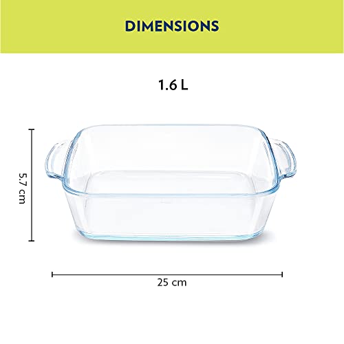 Borosil 1.6 L Baking & Serving Dish with Handle | Square Shape Bowl Container | Borosilicate Glass Bakeware and Serveware Casserole Dish Tray | Microwave, Oven & Dishwasher Safe | Transparent