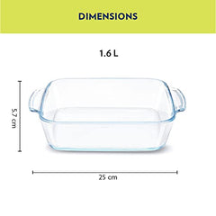 Borosil 1.6 L Baking & Serving Dish with Handle | Square Shape Bowl Container | Borosilicate Glass Bakeware and Serveware Casserole Dish Tray | Microwave, Oven & Dishwasher Safe | Transparent