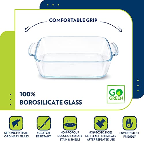 Borosil 1.6 L Baking & Serving Dish with Handle | Square Shape Bowl Container | Borosilicate Glass Bakeware and Serveware Casserole Dish Tray | Microwave, Oven & Dishwasher Safe | Transparent