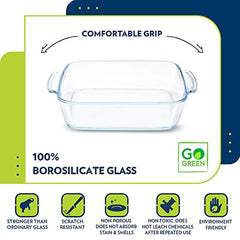 Borosil 1.6 L Baking & Serving Dish with Handle | Square Shape Bowl Container | Borosilicate Glass Bakeware and Serveware Casserole Dish Tray | Microwave, Oven & Dishwasher Safe | Transparent