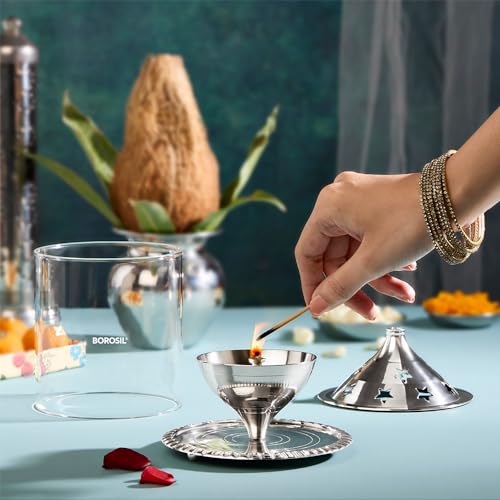 Borosil Large Nickel Akhand Diya Decorative Glass Oil Lamp | Tea Light Holder | Diya with Borosilicate Glass | Puja Dia for Mandir | Lantern Diya with Glass Cover, Nickel Diya