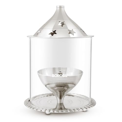 Borosil Large Nickel Akhand Diya Decorative Glass Oil Lamp | Tea Light Holder | Diya with Borosilicate Glass | Puja Dia for Mandir | Lantern Diya with Glass Cover, Nickel Diya