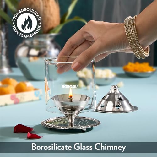 Borosil Large Nickel Akhand Diya Decorative Glass Oil Lamp | Tea Light Holder | Diya with Borosilicate Glass | Puja Dia for Mandir | Lantern Diya with Glass Cover, Nickel Diya