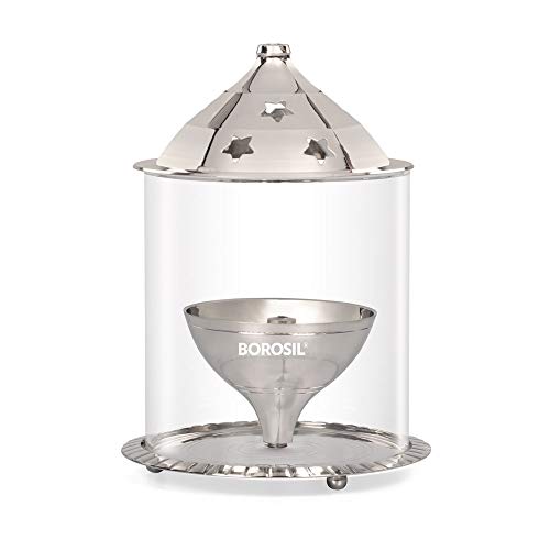 Borosil Large Nickel Akhand Diya Decorative Glass Oil Lamp | Tea Light Holder | Diya with Borosilicate Glass | Puja Dia for Mandir | Lantern Diya with Glass Cover, Nickel Diya
