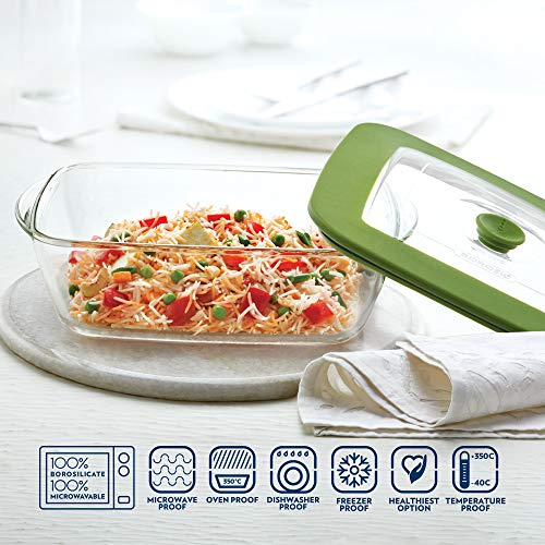 Borosil 2600ml Baking & Serving Square Shape Dish with Handle & Green Lid | Borosilicate Glass Bakeware and Serveware Casserole Dish Tray | Microwave, Oven & Dishwasher Safe Bowl | Transparent
