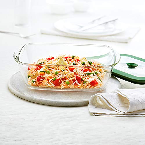 Borosil 2600ml Baking & Serving Square Shape Dish with Handle & Green Lid | Borosilicate Glass Bakeware and Serveware Casserole Dish Tray | Microwave, Oven & Dishwasher Safe Bowl | Transparent