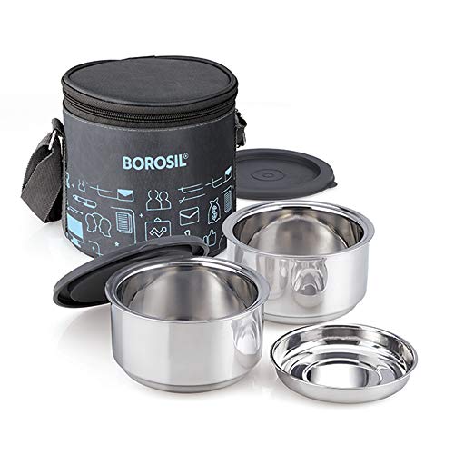 Borosil Carry Fresh Stainless Steel Lunchbox | 2 pc Round Container Set (280ml Each) | Tiffin for Office, School & College with Food Grade Steel | Leakproof & Dishwasher Safe | 1 Year Warranty