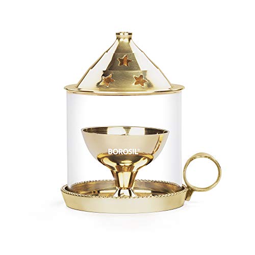 Borosil Medium Size Mangal Diya Decorative Brass Glass Oil Lamp | Tea Light Holder | Diya with Borosilicate Glass | Puja Dia for Mandir | Lantern Diya with Glass Cover
