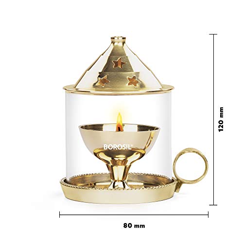 Borosil Medium Size Mangal Diya Decorative Brass Glass Oil Lamp | Tea Light Holder | Diya with Borosilicate Glass | Puja Dia for Mandir | Lantern Diya with Glass Cover