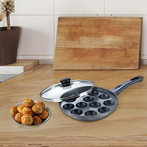 Prestige Non-Stick 12 Pits Paniyarakkal 24cm with Glass Lid | Appe Patra | Appe Maker | Omega Select Plus | PFOA Free | Metal Spoon Friendly | Sturdy Handle | 1Y Warranty | ISI Certified