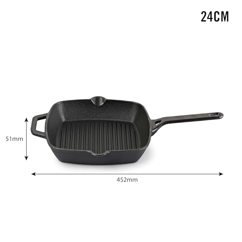 Cello Ironica Pre-Seasoned Cast Iron Grill Pan with Long Handle, 24 CM Black | No Chemical Coating & Toxin Free, Gas Stove & Induction Compatible Iron Grill Pan for Frying, Cooking | 5 Year Warranty