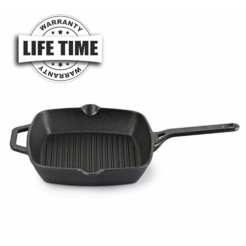 Cello Ironica Pre-Seasoned Cast Iron Grill Pan with Long Handle, 24 CM Black | No Chemical Coating & Toxin Free, Gas Stove & Induction Compatible Iron Grill Pan for Frying, Cooking | 5 Year Warranty