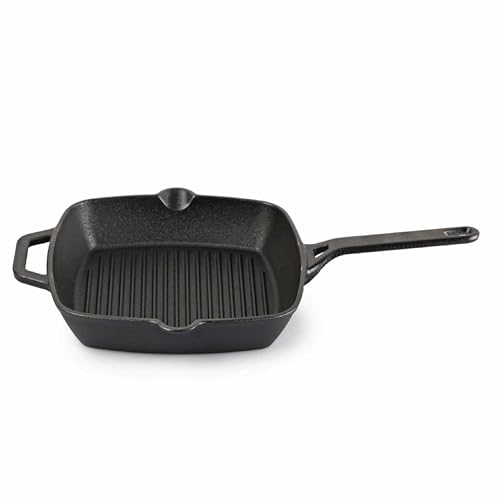 Cello Ironica Pre-Seasoned Cast Iron Grill Pan with Long Handle, 24 CM Black | No Chemical Coating & Toxin Free, Gas Stove & Induction Compatible Iron Grill Pan for Frying, Cooking | 5 Year Warranty