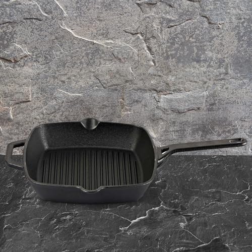 Cello Ironica Pre-Seasoned Cast Iron Grill Pan with Long Handle, 24 CM Black | No Chemical Coating & Toxin Free, Gas Stove & Induction Compatible Iron Grill Pan for Frying, Cooking | 5 Year Warranty