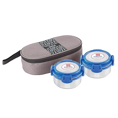 CELLO MF Ultra Lunch Box Set of 2, 640ml, Blue | Lunch Boxes with 4-Sided Click Lock | Tiffin Box with Jacket and Steel Fork & Spoon | Healthy and Portable Meals for Office, School, Outdoor