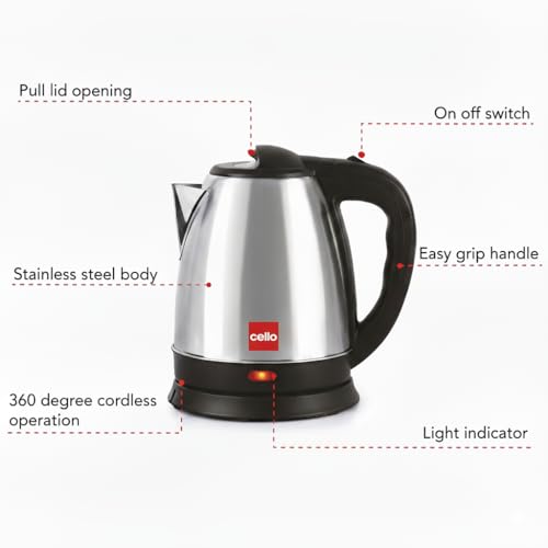 CELLO Quick Boil Electric Kettle 1.5 Litre, Silver | Tea Kettle | Portable Stainless Steel Kettle For Travel | Ideal For Boiling Water, Making Tea & Coffee, Instant Noodles, Soup, 1350 Watts