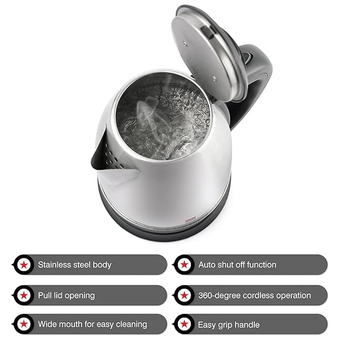 CELLO Quick Boil Electric Kettle 1.5 Litre, Silver | Tea Kettle | Portable Stainless Steel Kettle For Travel | Ideal For Boiling Water, Making Tea & Coffee, Instant Noodles, Soup, 1350 Watts