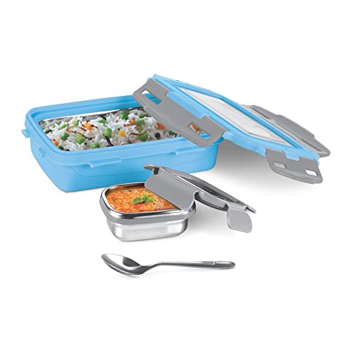 Milton Steely Super Deluxe Insulated Inner Stainless Steel Small Tiffin Box, 400 ml, with Inner Stainless Steel Container, 120 ml and Spoon, Sky Blue | Kids Lunch Box | Easy to Carry | Easy to Clean