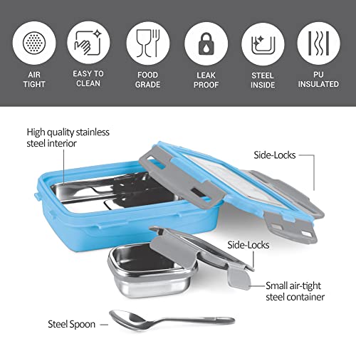 Milton Steely Super Deluxe Insulated Inner Stainless Steel Small Tiffin Box, 400 ml, with Inner Stainless Steel Container, 120 ml and Spoon, Sky Blue | Kids Lunch Box | Easy to Carry | Easy to Clean