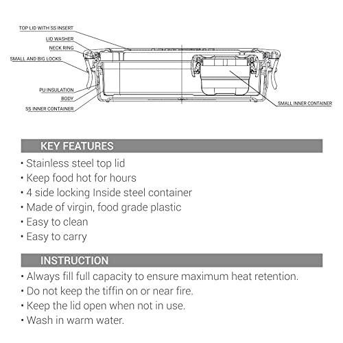 Milton Steely Super Deluxe Insulated Inner Stainless Steel Small Tiffin Box, 400 ml, with Inner Stainless Steel Container, 120 ml and Spoon, Sky Blue | Kids Lunch Box | Easy to Carry | Easy to Clean