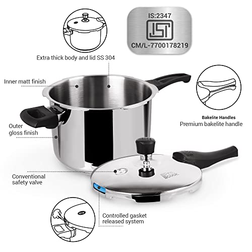 Milton ProCook Triply Pressure Cooker Stainless Steel with Outer Lid, 5 Litres, Induction and Gas Stove Compatible, Gasket Release System, 5 Years Warranty, ISI Certified, Silver
