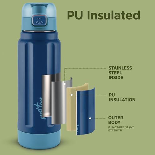 Milton Taurus 900 Steel Thermoware, Inner Stainless Steel, PU Insulated, Leak Proof Water Bottle for School Kids, Office, Gym, Easy to Carry Handle, 665 ml, Dark Blue