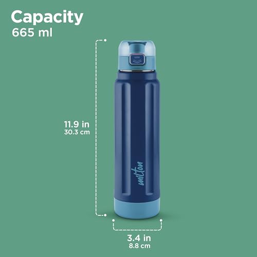 Milton Taurus 900 Steel Thermoware, Inner Stainless Steel, PU Insulated, Leak Proof Water Bottle for School Kids, Office, Gym, Easy to Carry Handle, 665 ml, Dark Blue