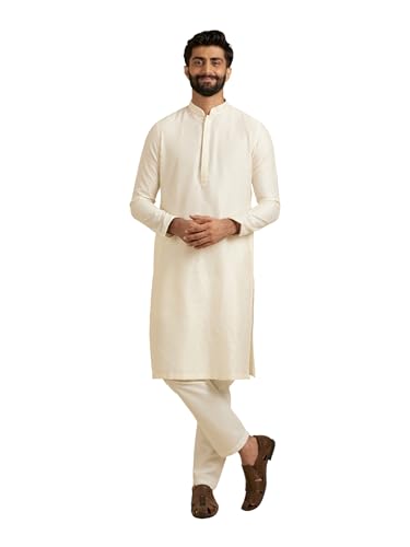 Manyavar Stylish Casual Silk Blend Full Sleeves Kurta Set for Men (Cream, X-Large)