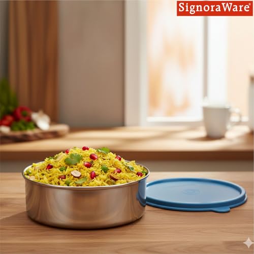 SignoraWare Mini Brunch Stainless Steel Container | Airtight & Leakproof Lid | Microwave & Dishwasher Safe | Compact & Lightweight | Ideal for Office, School, Picnics & Travelling (650ml | EBlue)
