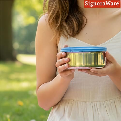 SignoraWare Mini Brunch Stainless Steel Container | Airtight & Leakproof Lid | Microwave & Dishwasher Safe | Compact & Lightweight | Ideal for Office, School, Picnics & Travelling (650ml | EBlue)