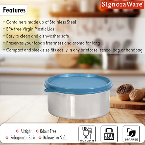 SignoraWare Store Well Stainless Steel Container | Airtight & Leakproof | Microwave Safe | Durable & Compact | Ideal for Carrying Meal, Snacks & Salads | Best for Office & Outdoors (800ml | EBlue)