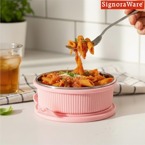 Signoraware Lock N Store Microsafe Stainless Steel Round Container | Airtight & Leakproof | Compact & Lightweight | Ideal for Office, School, Travel & Outdoor Use (400ml | Pink) - Goyalsons ShopMax