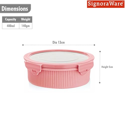 Signoraware Lock N Store Microsafe Stainless Steel Round Container | Airtight & Leakproof | Compact & Lightweight | Ideal for Office, School, Travel & Outdoor Use (400ml | Pink) - Goyalsons ShopMax