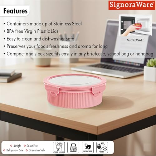 Signoraware Lock N Store Microsafe Stainless Steel Round Container | Airtight & Leakproof | Compact & Lightweight | Ideal for Office, School, Travel & Outdoor Use (400ml | Pink) - Goyalsons ShopMax
