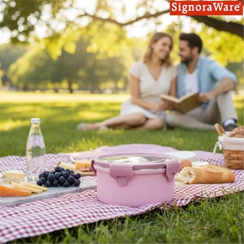 Signoraware Lock N Store Microsafe Stainless Steel Round Container | Airtight & Leakproof Lid | Easy to Clean | Ideal for School, Office, Travel & Outdoor Use (500ml | Pink) - Goyalsons ShopMax