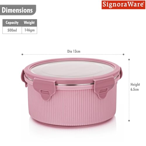 Signoraware Lock N Store Microsafe Stainless Steel Round Container | Airtight & Leakproof Lid | Easy to Clean | Ideal for School, Office, Travel & Outdoor Use (500ml | Pink) - Goyalsons ShopMax