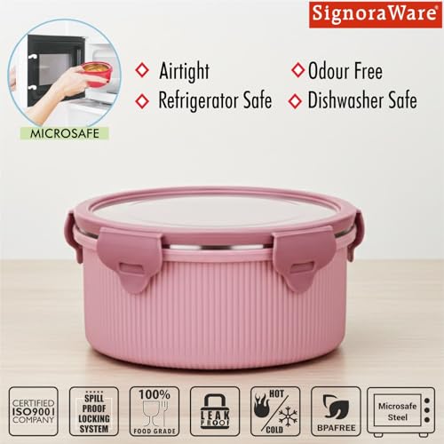 Signoraware Lock N Store Microsafe Stainless Steel Round Container | Airtight & Leakproof Lid | Easy to Clean | Ideal for School, Office, Travel & Outdoor Use (500ml | Pink) - Goyalsons ShopMax