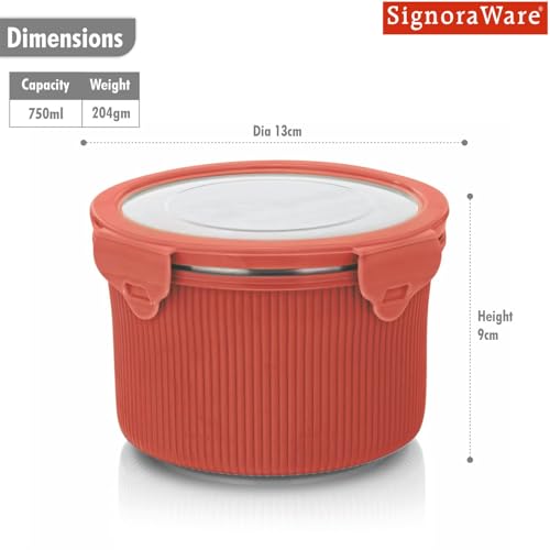 Signoraware Lock N Store Stainless Steel Container | Airtight & Leakproof | Compact & Stylish Design | Ideal for Office, School, Travel, Picnics & Kitchen Use (750ml | Red) - Goyalsons ShopMax