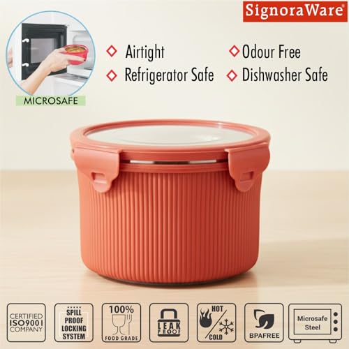 Signoraware Lock N Store Stainless Steel Container | Airtight & Leakproof | Compact & Stylish Design | Ideal for Office, School, Travel, Picnics & Kitchen Use (750ml | Red) - Goyalsons ShopMax